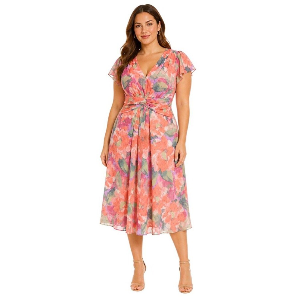 Jessica Howard Pink Multi Floral Twist-Front Midi Dress Size 12